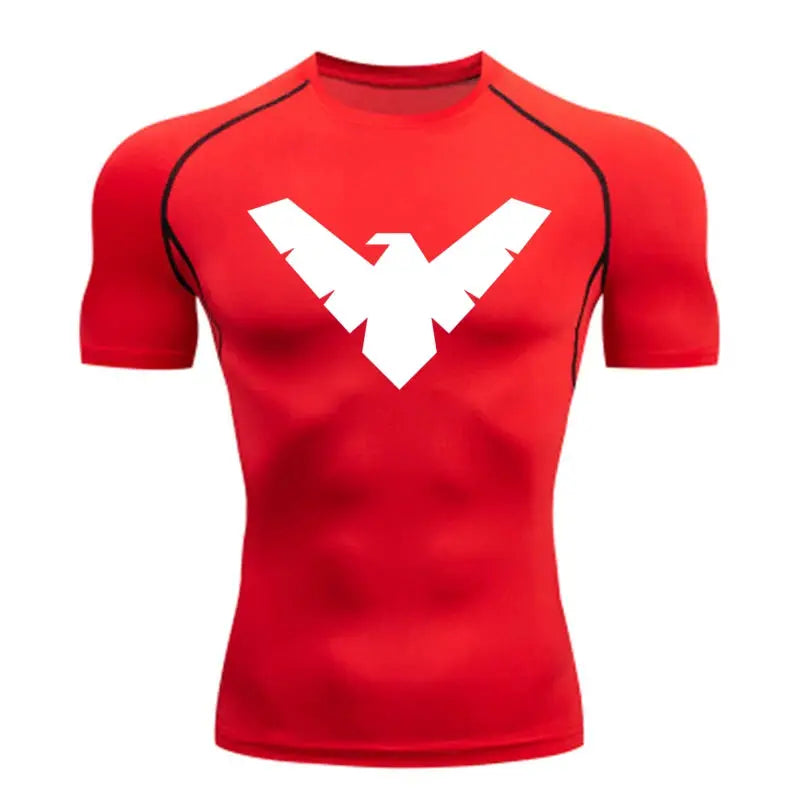 Men's red short-sleeve compression shirt with white chest logo