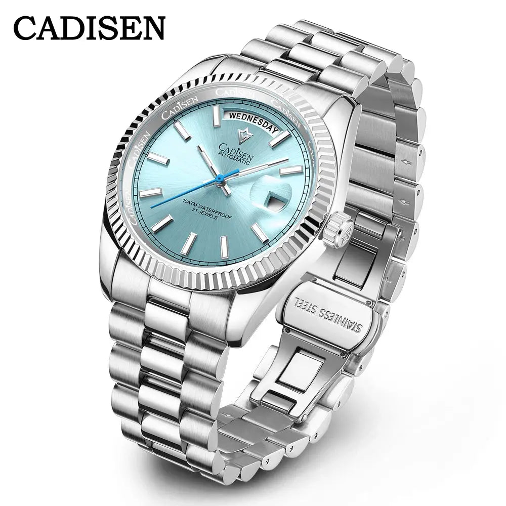 CADISEN DD40 men's luxury automatic watch with light blue dial and stainless steel bracelet, sapphire glass