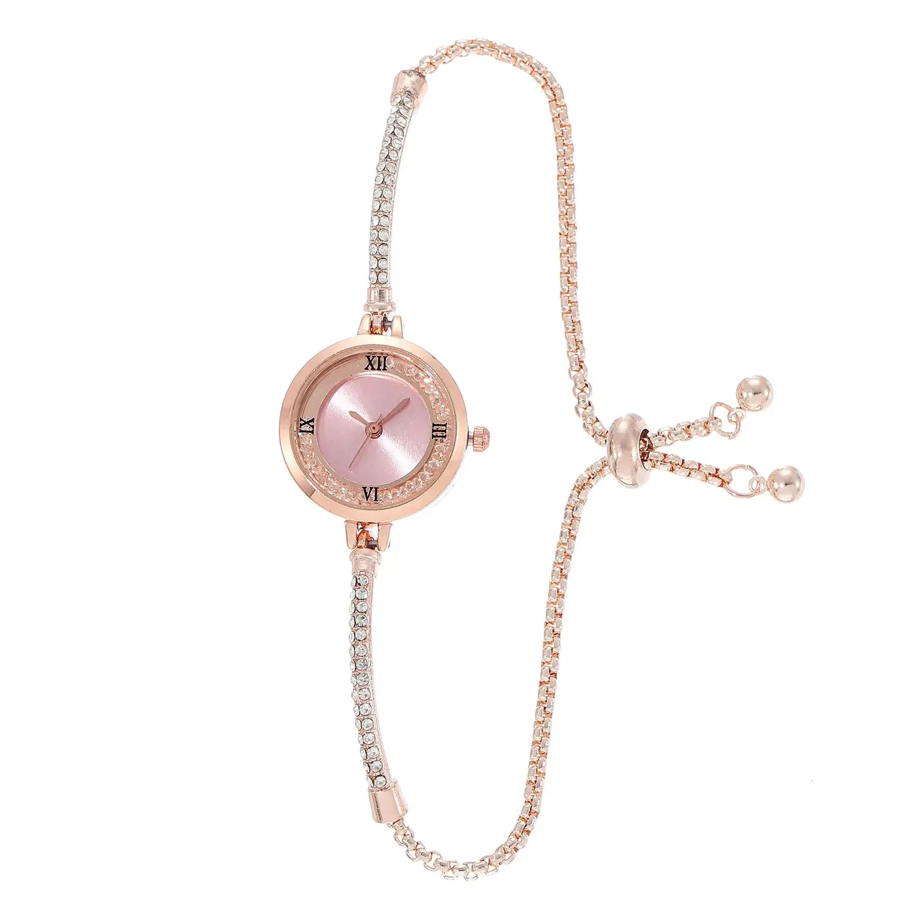 Women's rose-gold wristwatch with crystal-studded bracelet and small pink dial