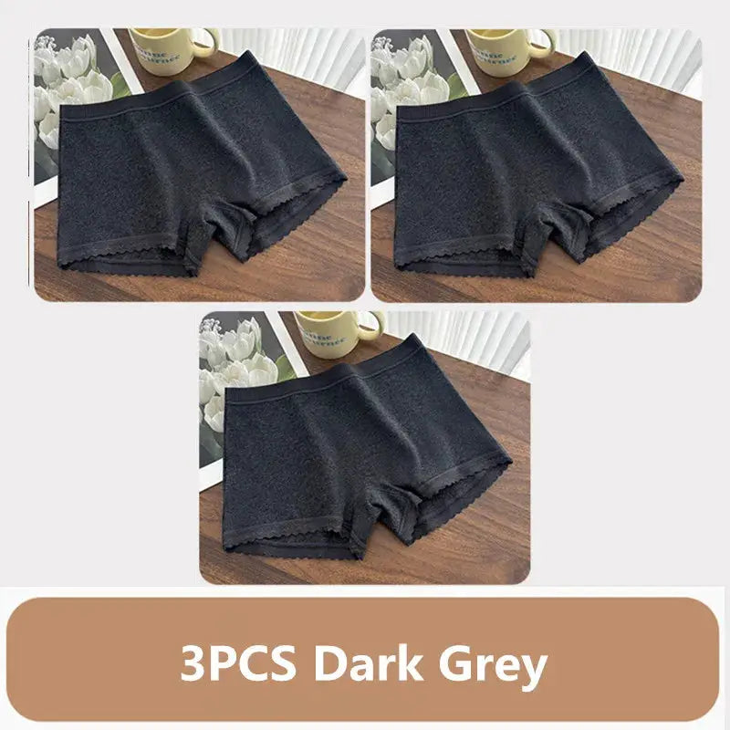 3PCS dark grey women's mid-waist lace-trimmed boxer underwear set