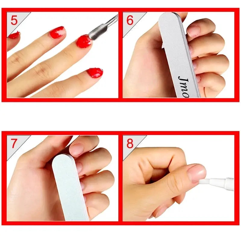 Simples Market nail gel polish kit collage: red gel polish applied, mini nail file, buffer, and precision applicator