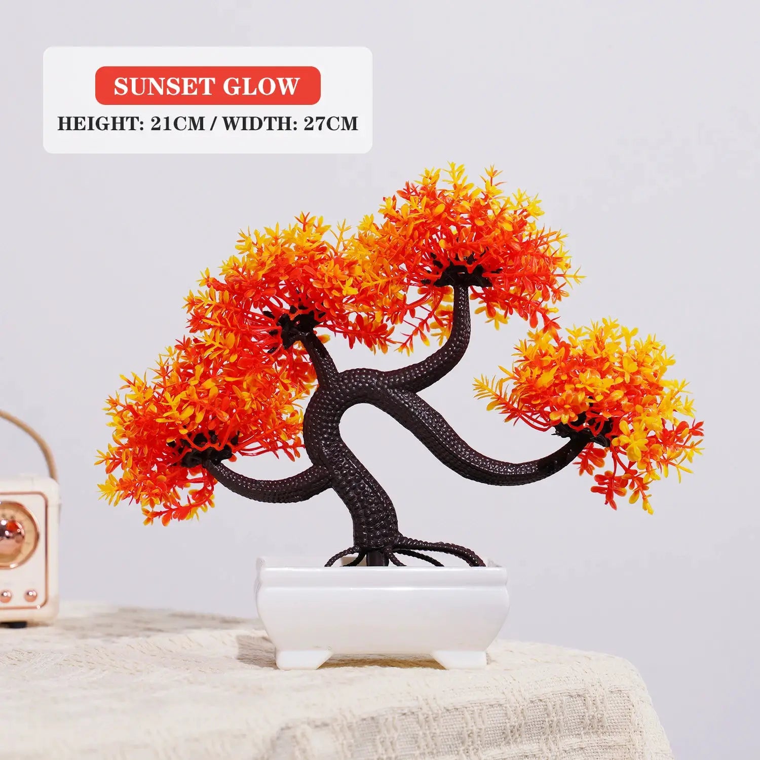 Artificial Bonsai Small Tree in white ceramic pot with orange-yellow foliage, tabletop decor