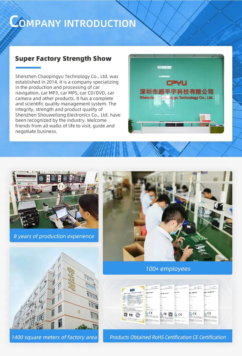 Simples Market company intro collage showing factory, staff at work, 100+ employees, and certificates