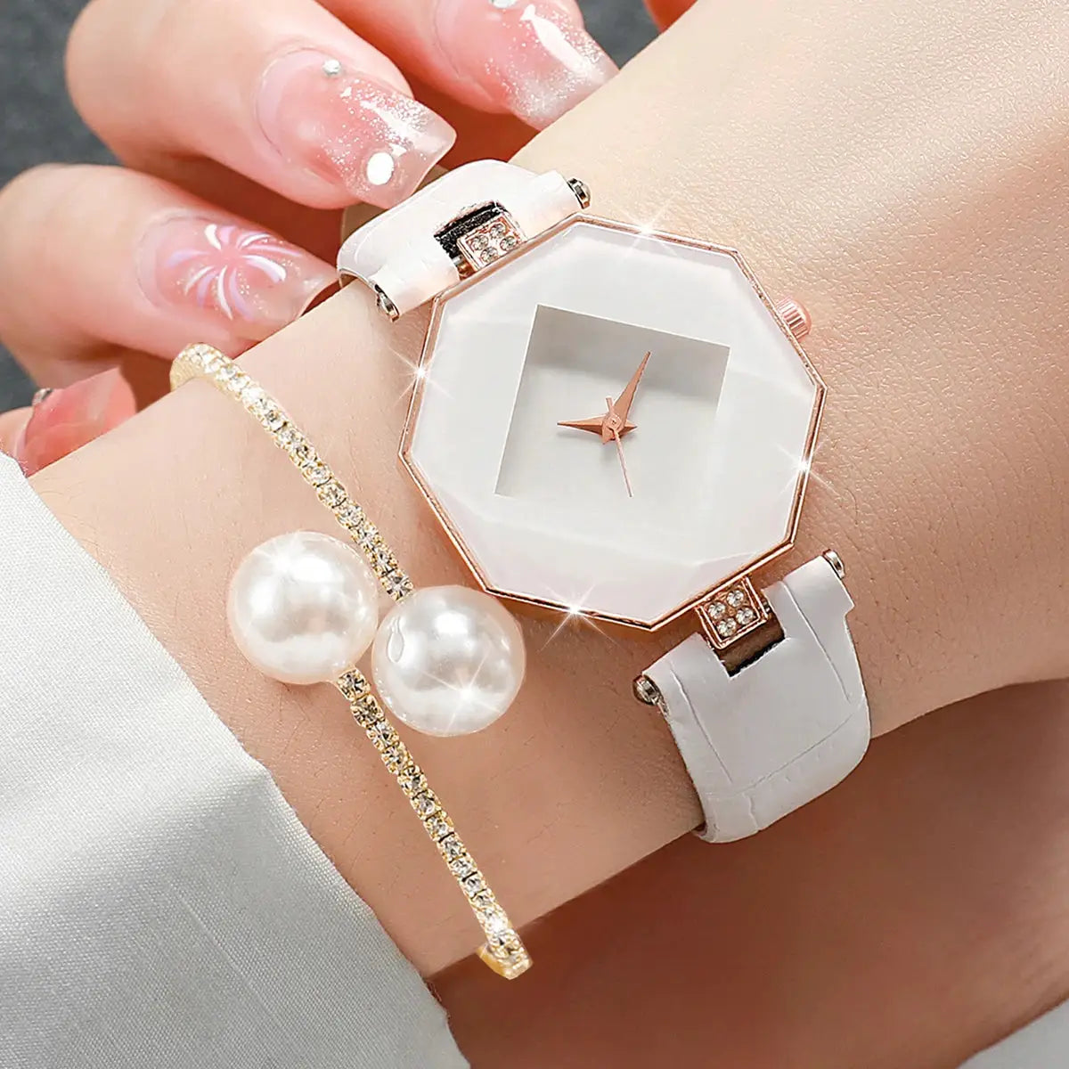 Simples Market 2-piece women's watch set with white leather band, rose-gold octagonal dial and pearl bracelet