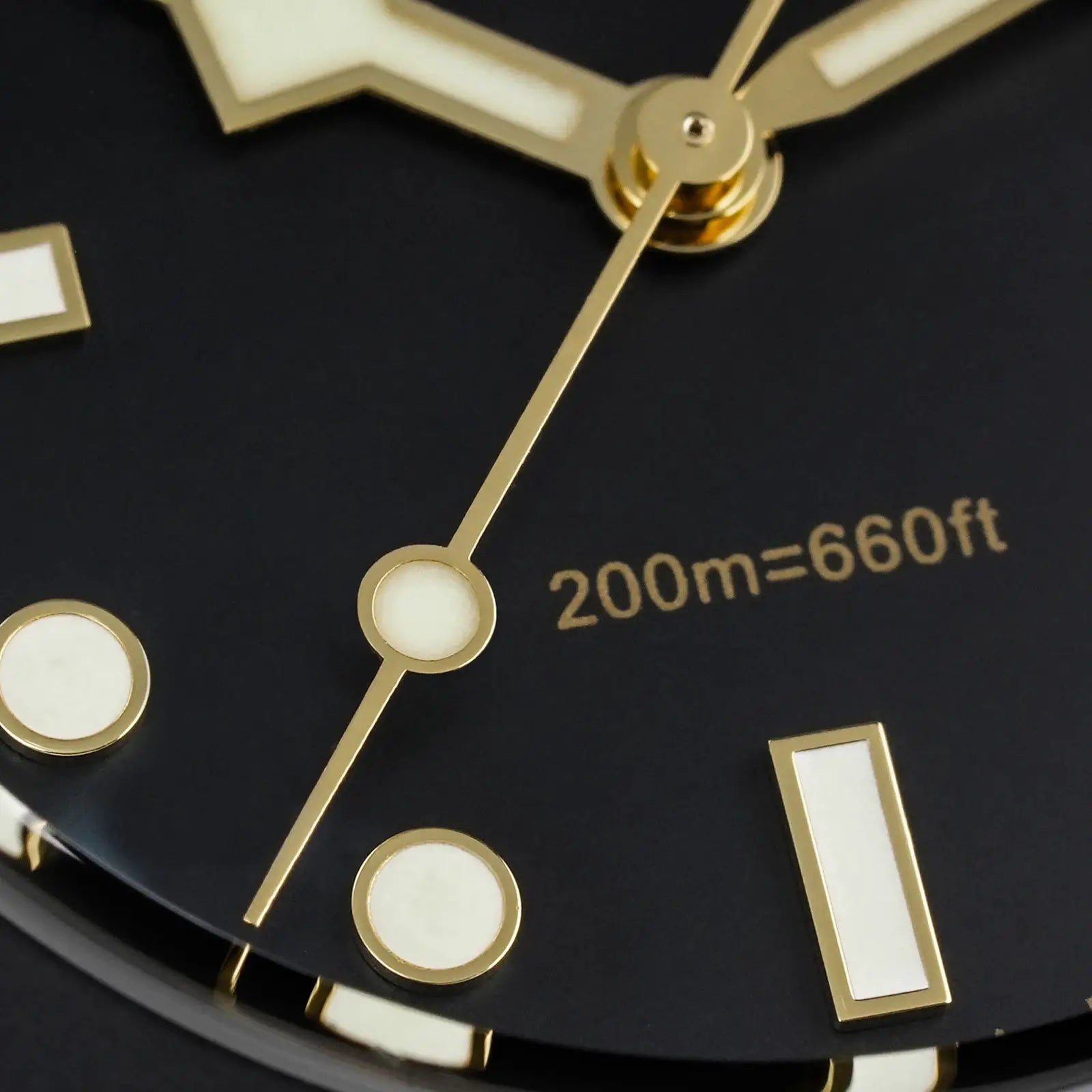 Watchdives WD7922 BB54 wristwatch dial with gold-tone hands and luminous markers on a black face