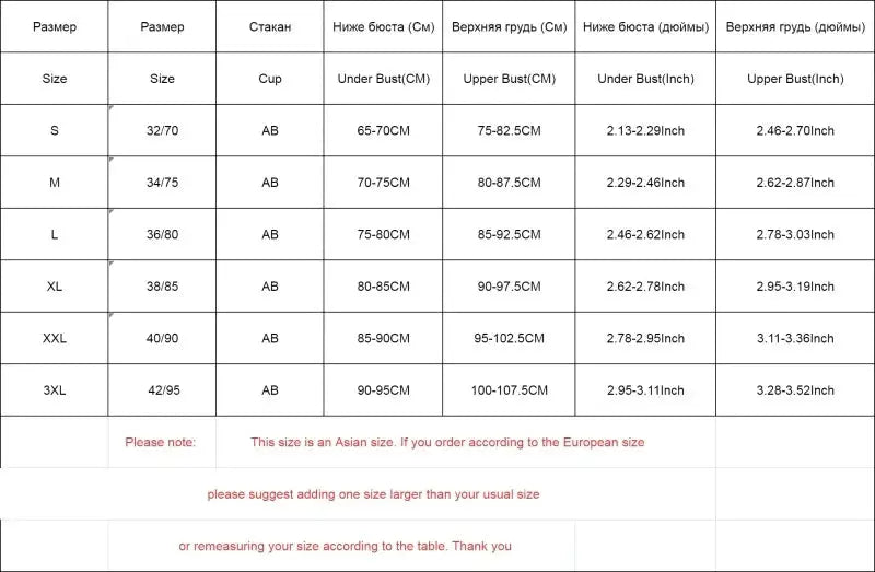 Simples Market women's seamless underwear size chart with S-3XL, AB cups, under- and upper-bust measurements.