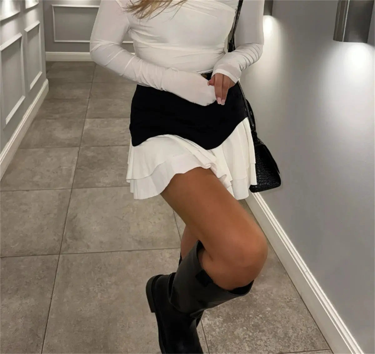 Chic Ruffles Women's Midi Skirt white layered pleated A-line with black high-waist panel