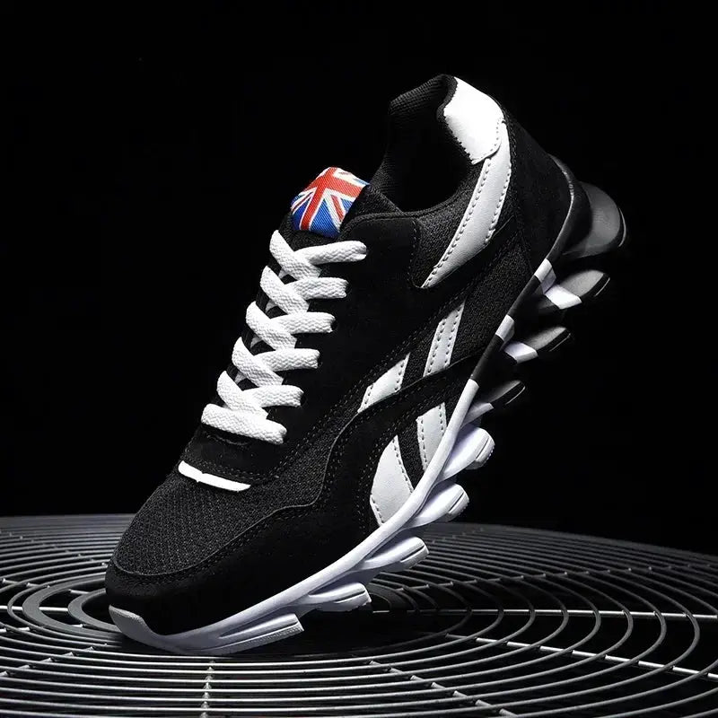 Brand Trend men's black fitness sneakers with wear-resistant cushioning, thick white sole, Union Jack tongue