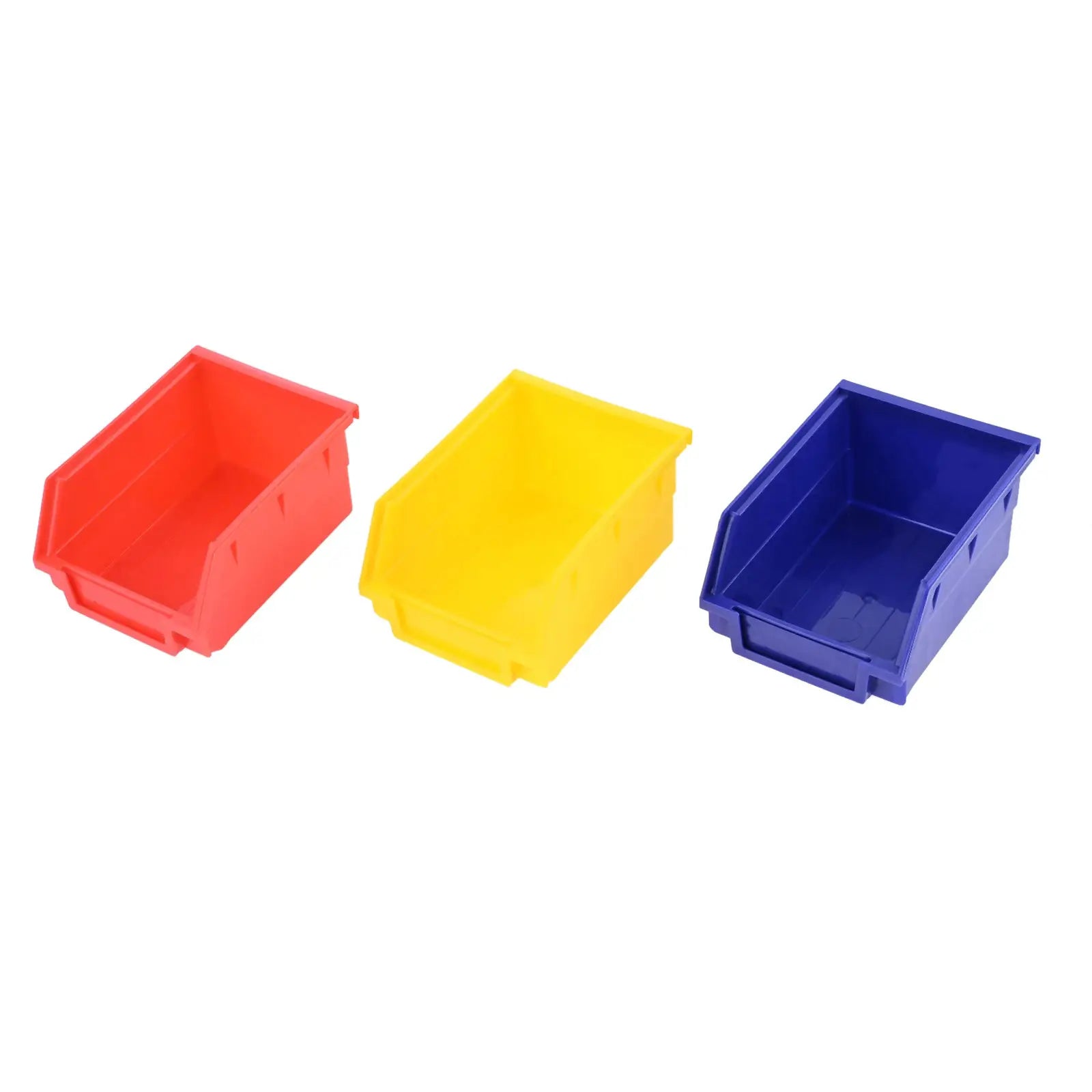 Three ABS stackable storage bins in red, yellow and blue