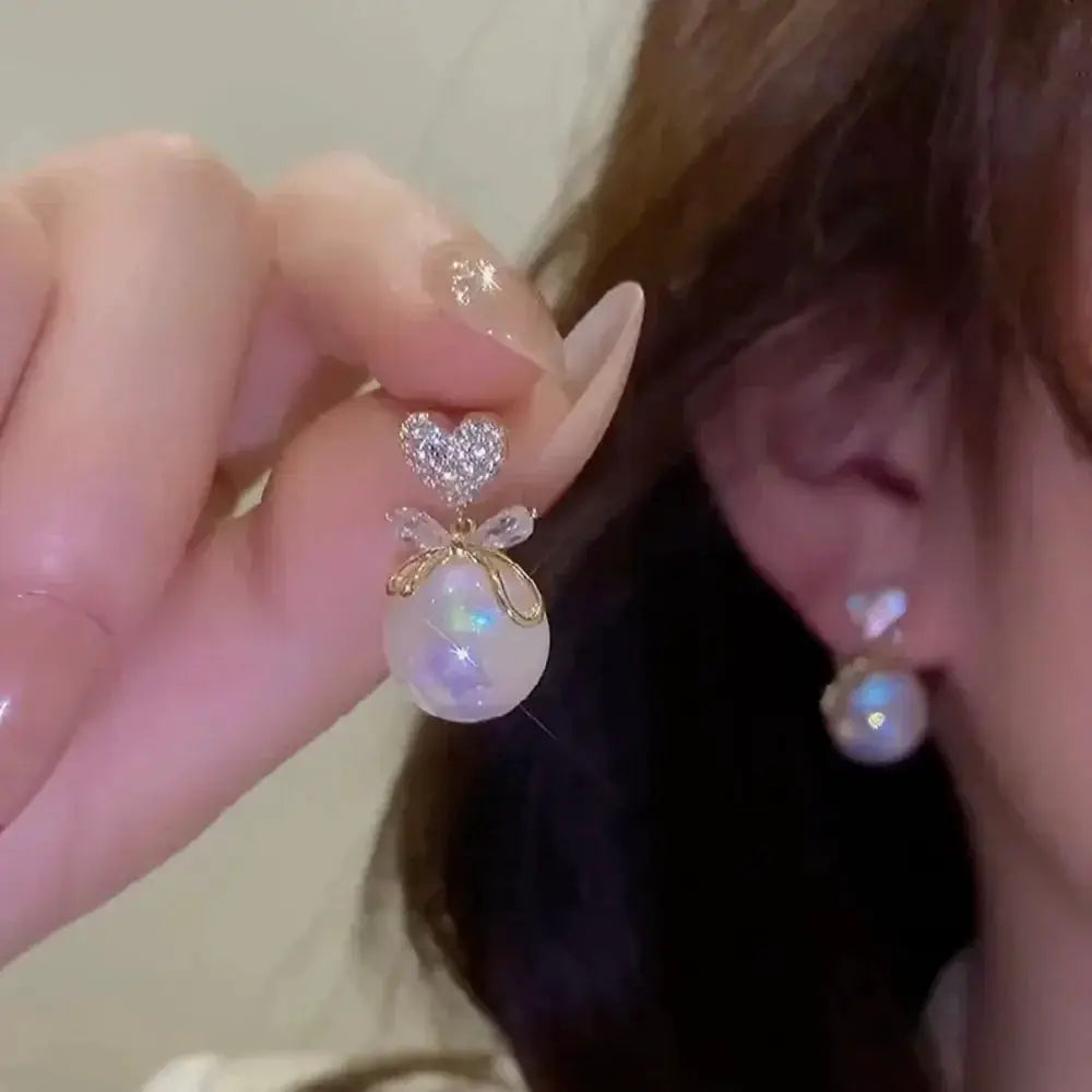 2022 New Trend Simulation Pearl Long Earrings With Flower Rhinestone Pendant For Women Wedding Korean Jewelry
