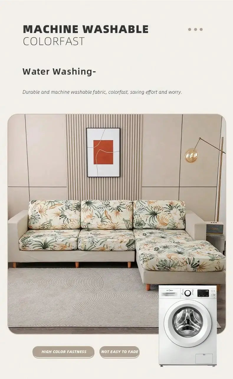 Tropical leaf printed milk-silk sofa cover on a beige sectional; elastic, detachable, dust-proof.