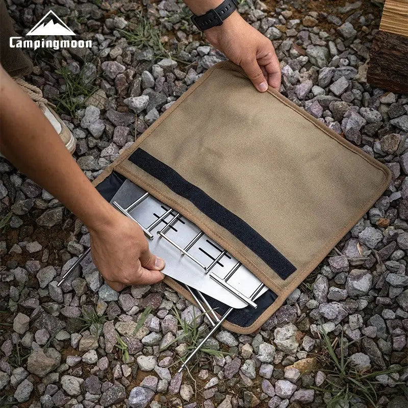 CampingMoon Solo-A4 stainless steel portable folding BBQ grill with tan carry bag