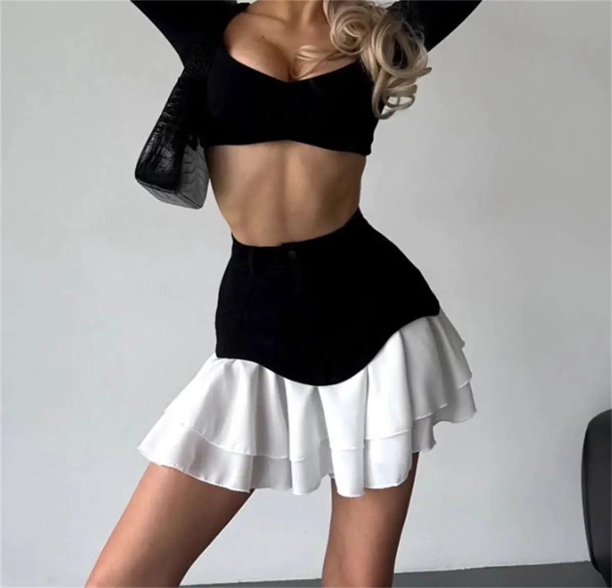 Chic ruffles women's midi skirt, black with white layered hem, high-waisted A-line