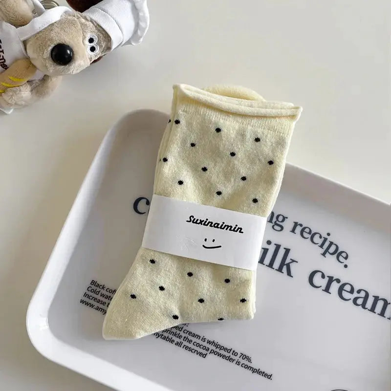 Vintage Cream Curled Edge Polka Dot Mid Tube Socks for Women Spring Summer Artistic Socks