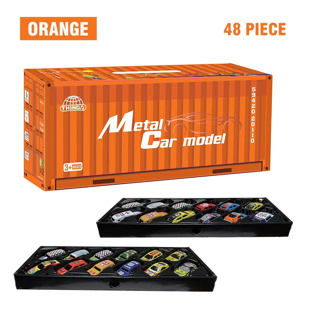 Simples Market 48-piece metal car model set in orange container with two trays of assorted toy cars