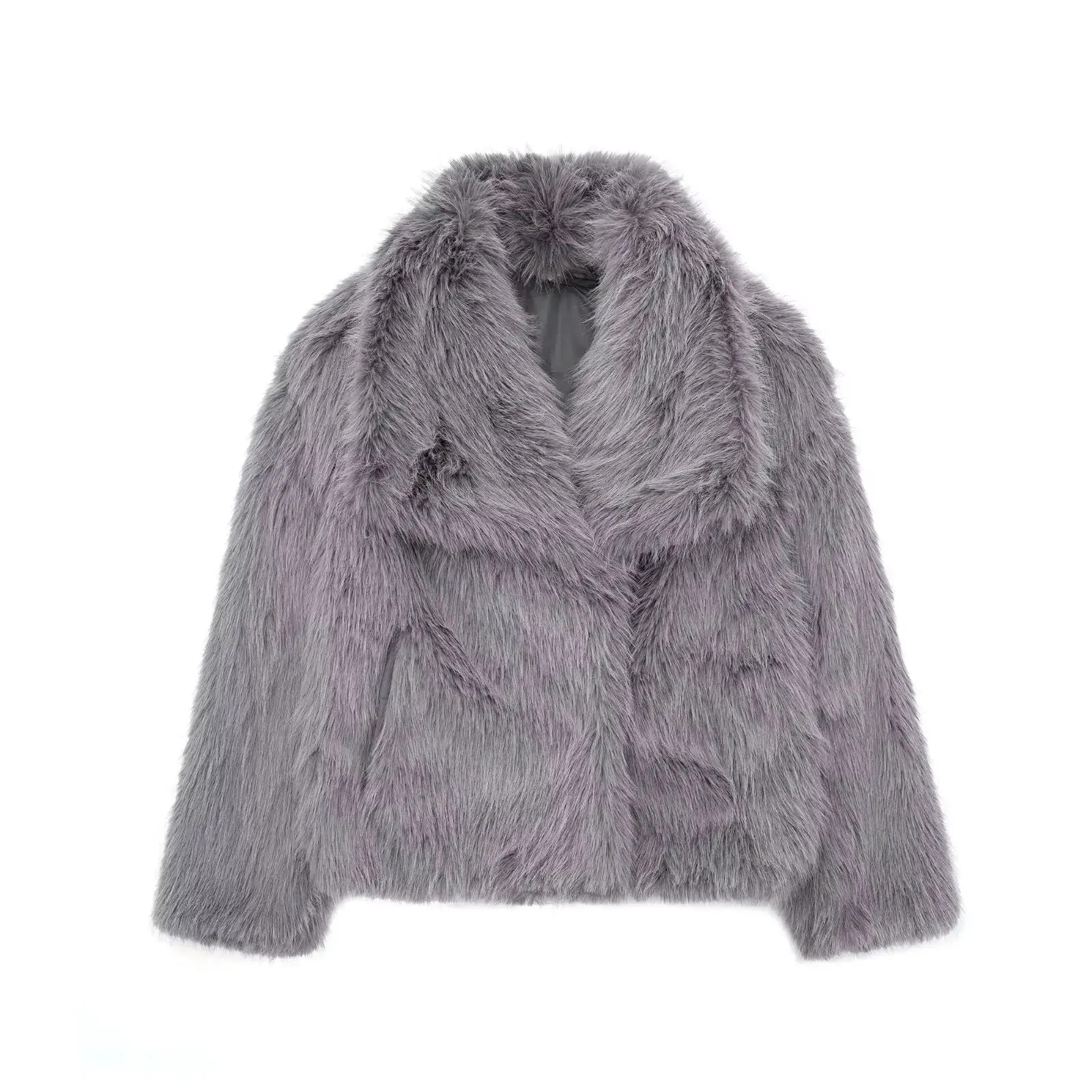 HH Women Fashion Cropped Faux Fur Jacket Coat Long Sleeve Front Snap Button Closure Lapel Collar Thick Outerwear Chic