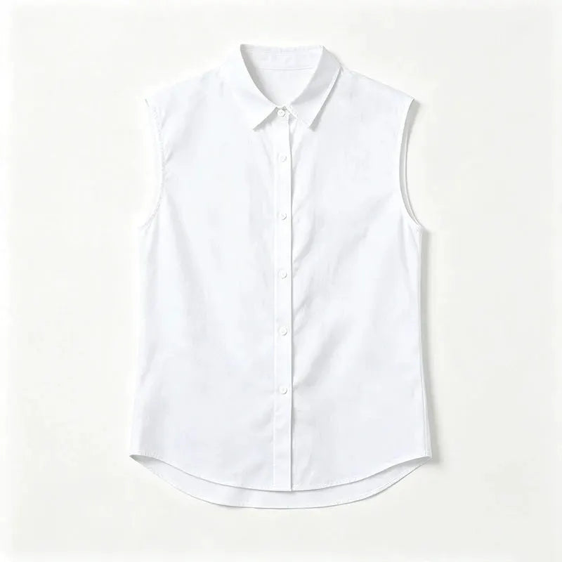 Simples Market men's sleeveless cotton-linen shirt, white, button-up with turn-down collar and curved hem