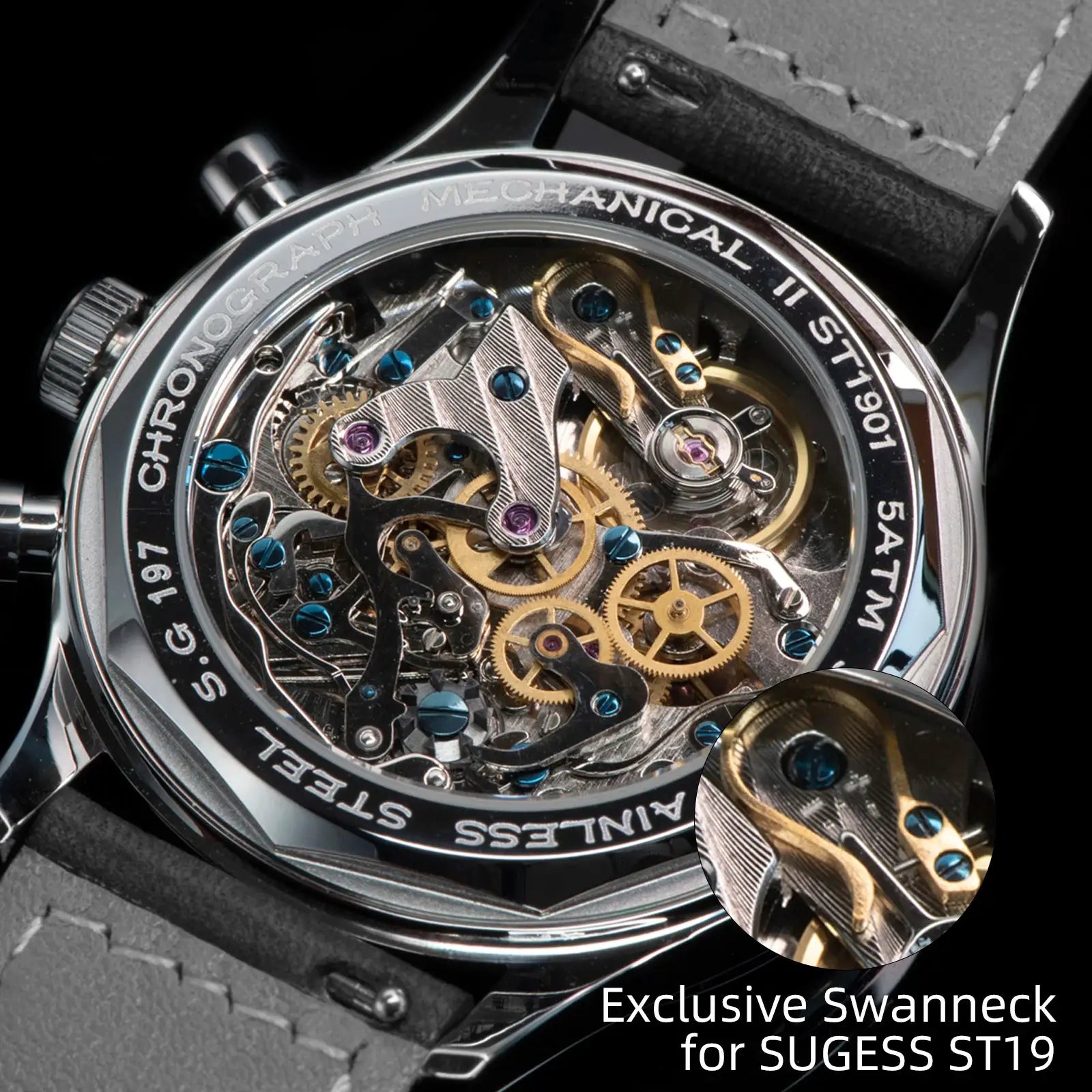 Sugess ST1908 skeleton mechanical chronograph watch with exposed gears, blue screws and leather strap