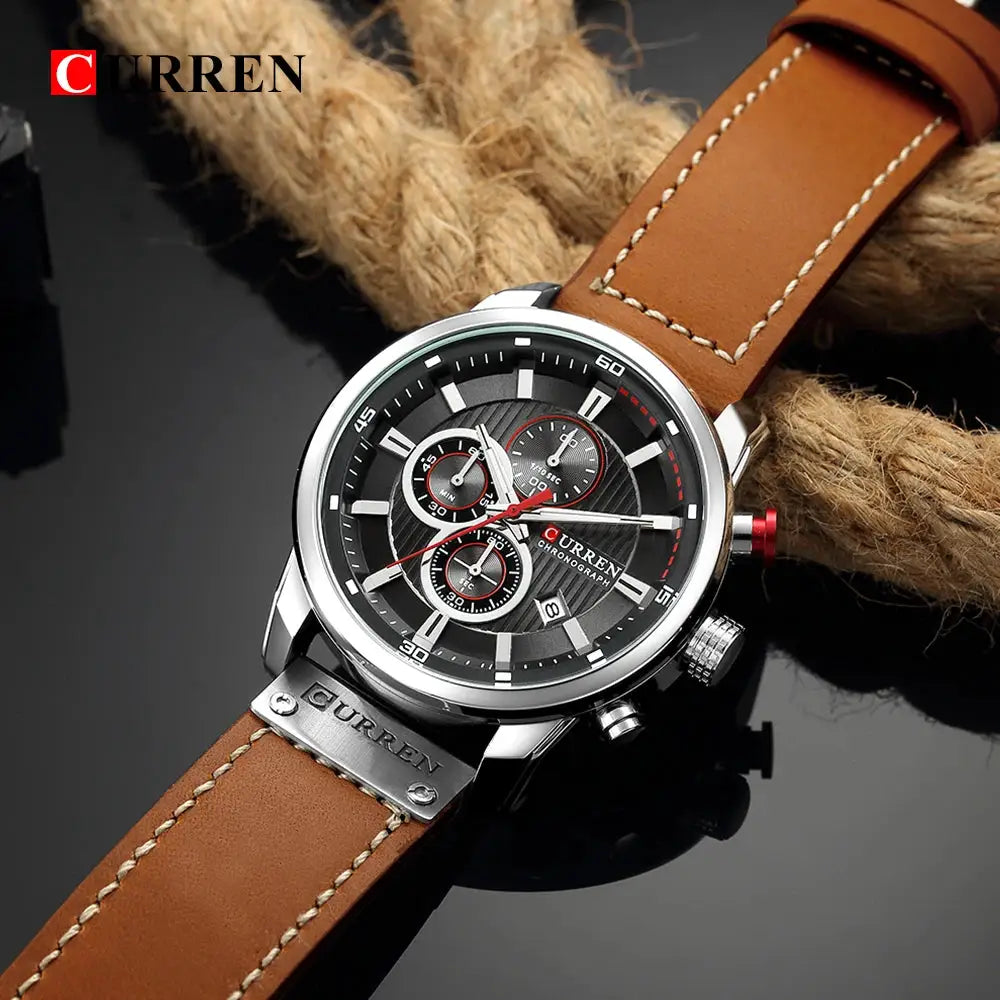 Curren 8291 men's quartz chronograph watch with black dial, silver case and brown leather strap