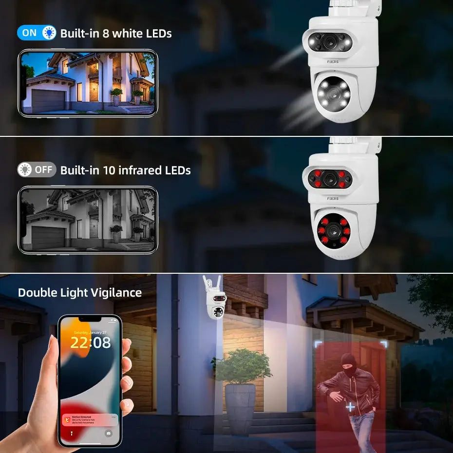 FUERS 5K 10MP dual-lens outdoor IP camera in white with auto-tracking and built-in LEDs