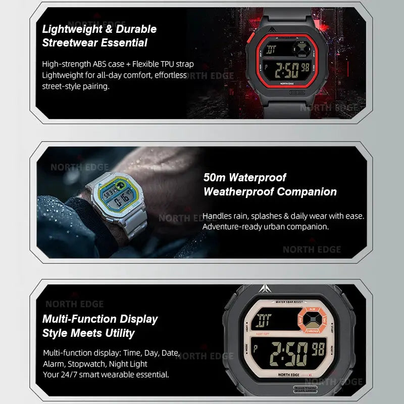 North Edge X1 square-screen digital watches; three color variants with 50m waterproof