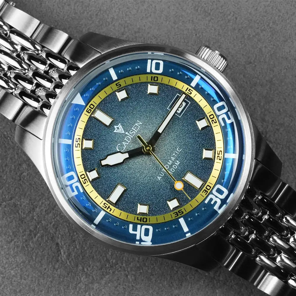CADISEN automatic men's watch with stainless steel bracelet, blue dial with gold ring, domed glass, MIYOTA 8215 movement
