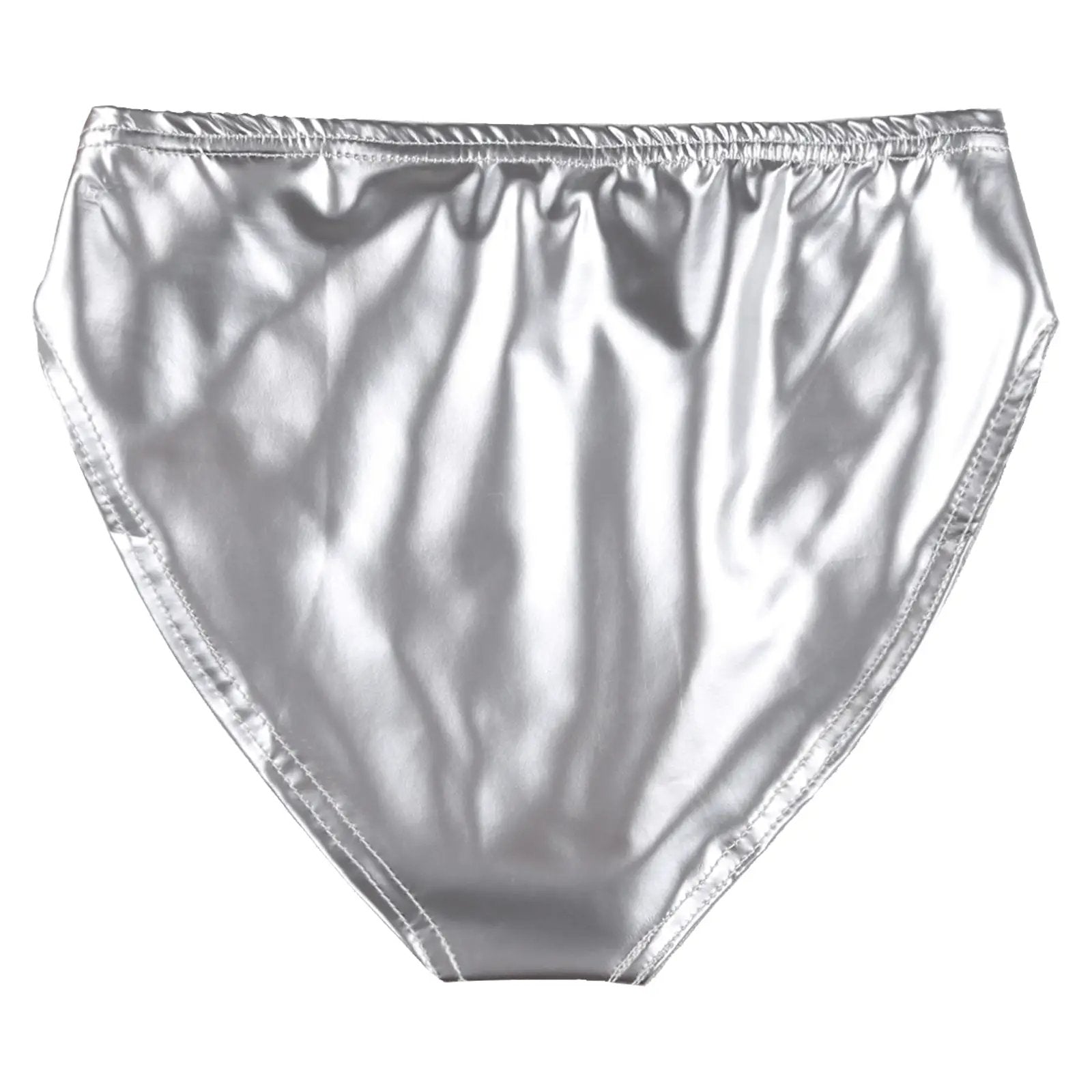 Silver wet-look patent leather briefs underwear, low-waist bikini bottoms.