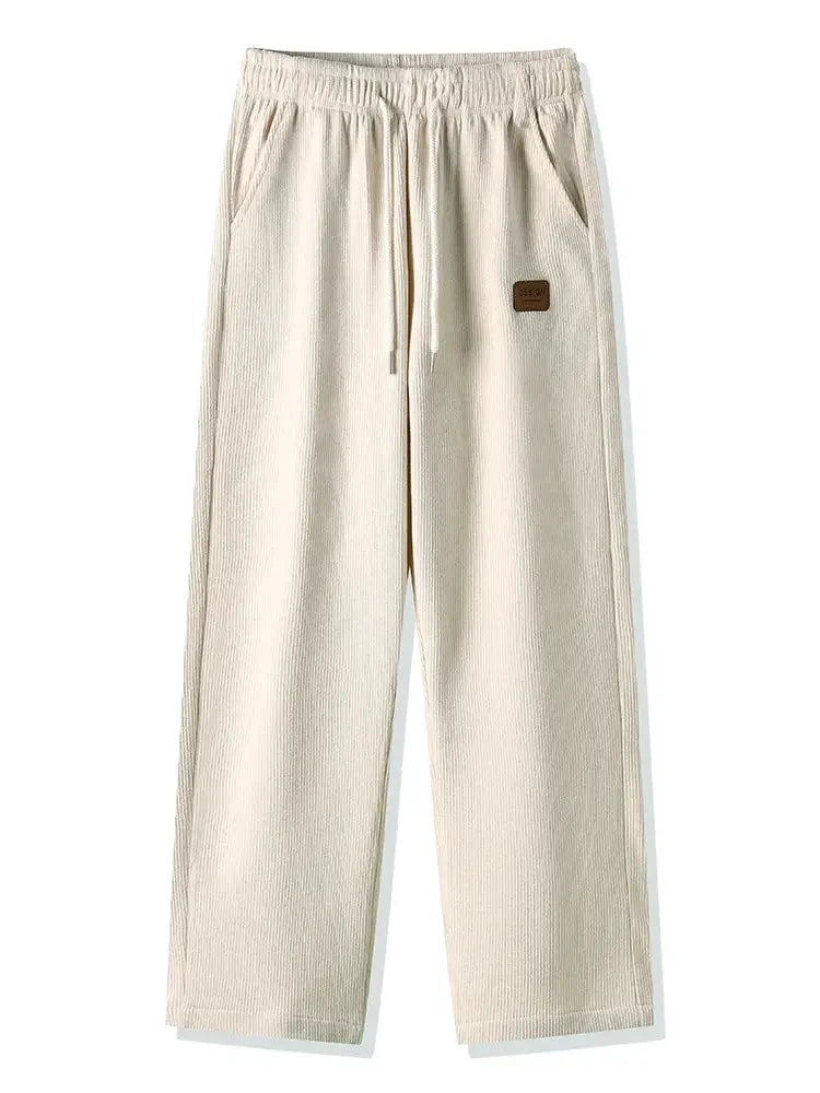 Men's corduroy fleece-lined sweatpants by Simples Market, beige, drawstring, straight loose fit