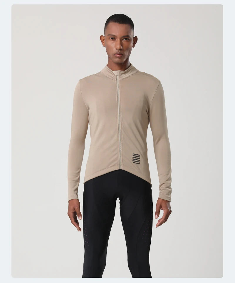 YKYWBIKE men's cycling jacket beige long-sleeve zip with thermal fleece lining for winter/autumn