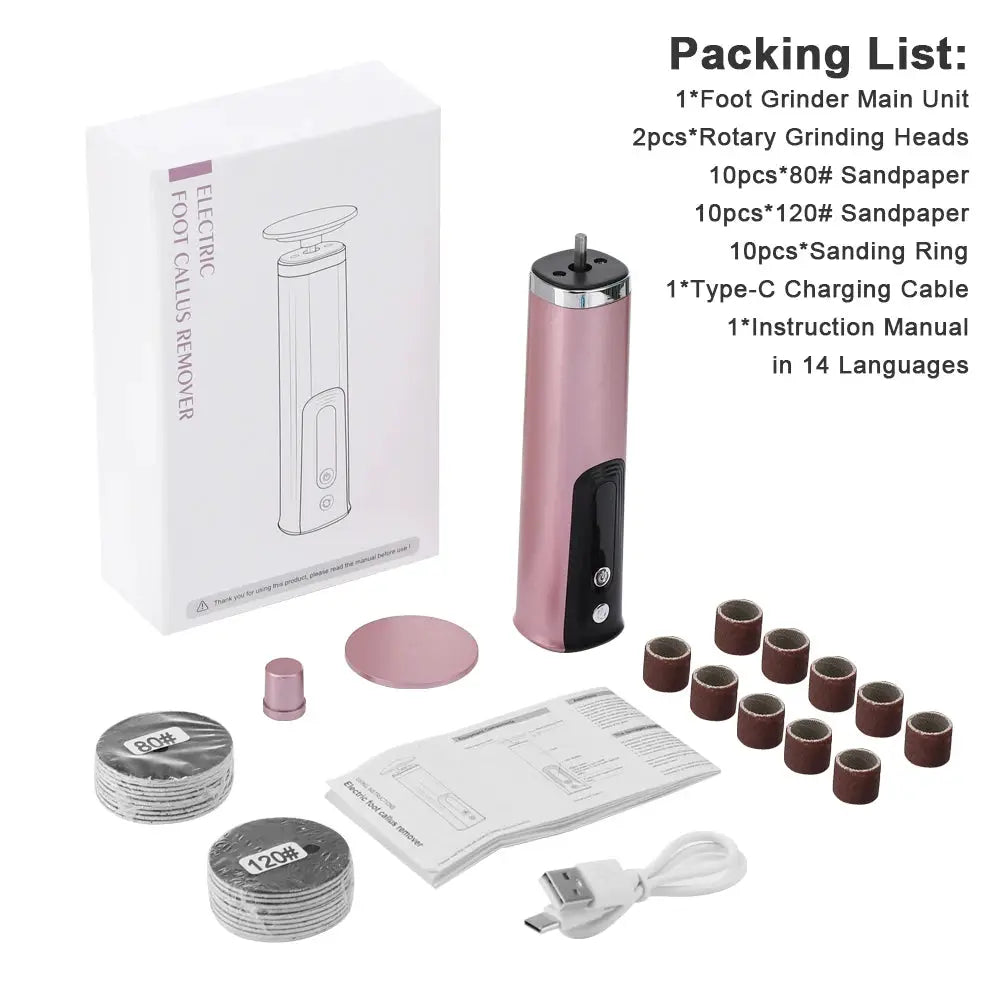 Electric foot callus remover kit; 1 main unit, pink handheld with replacement sanding discs and USB charger