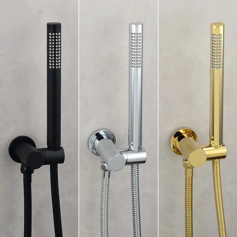 Three handheld shower heads by Simples Market in black, chrome and brushed brass finishes with hoses and wall mounts