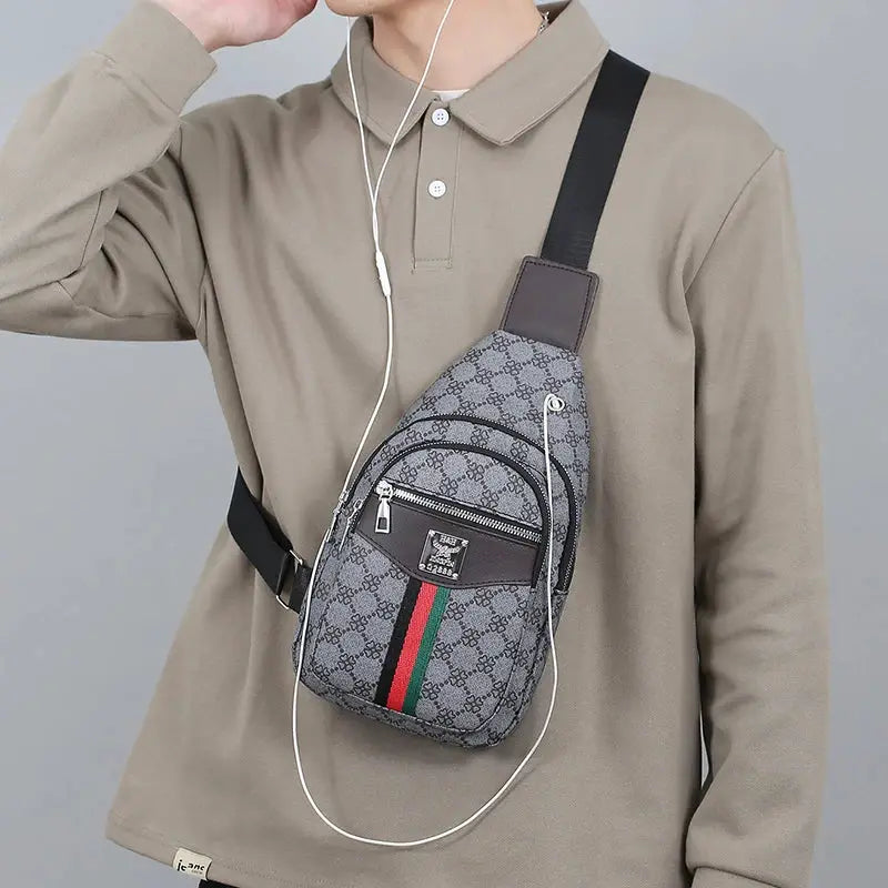 Simples Market men's crossbody messenger bag in gray monogram canvas with earphone hole and green-red-green stripe