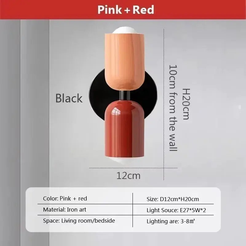 Simples Market Nordic LED wall lamp, pink + red double-headed iron art fixture with cream top shade and black backplate, 12×20 cm