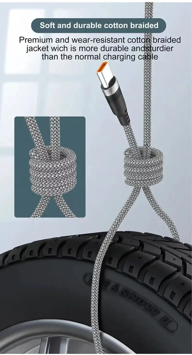 USB-C charging cable, gray cotton-braided cord, 5A fast charge