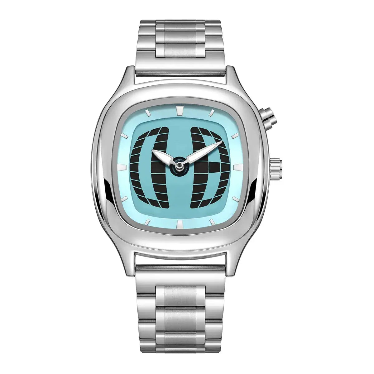 Men's stainless steel wristwatch with cushion case, light blue grid-pattern dial, silver bracelet
