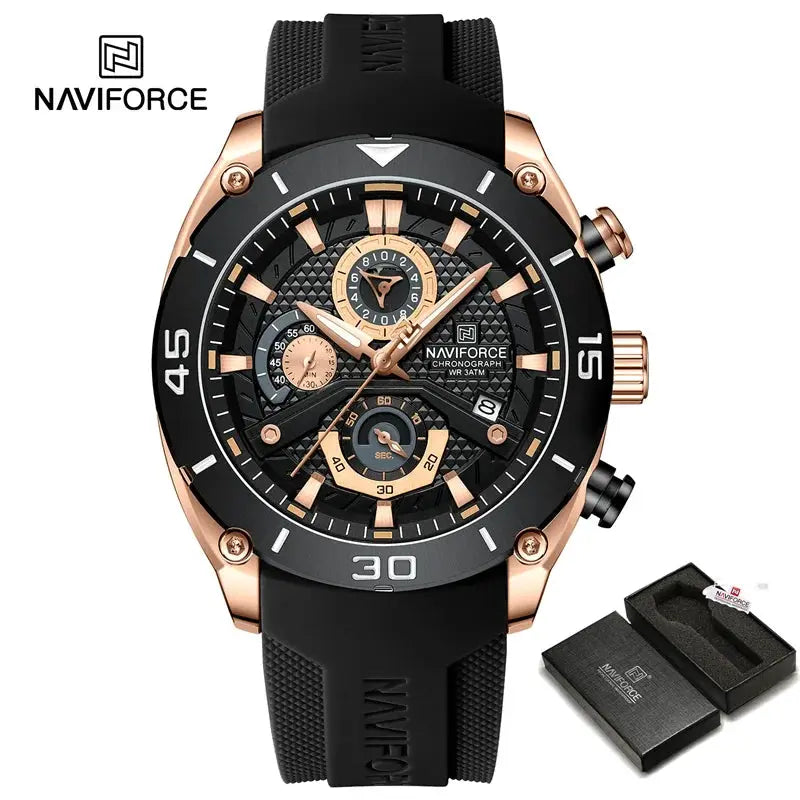 NAVIFORCE men's chronograph watch with black dial, rose-gold case, and black silicone strap.
