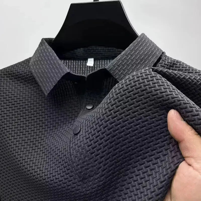 Men's Simples Market polo shirt, charcoal textured weave, short sleeve, breathable business casual top