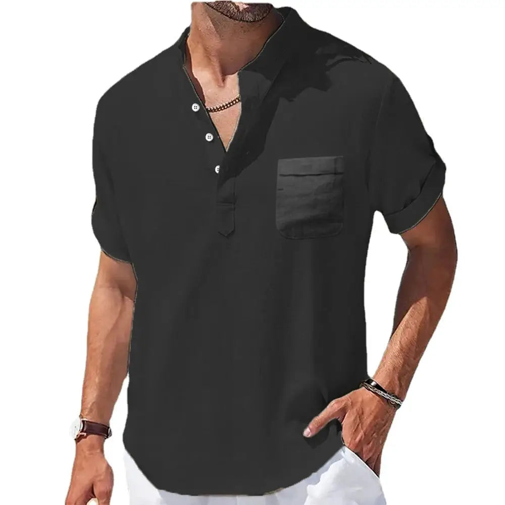 Men's black linen shirt with stand-up collar, short sleeves and chest pocket