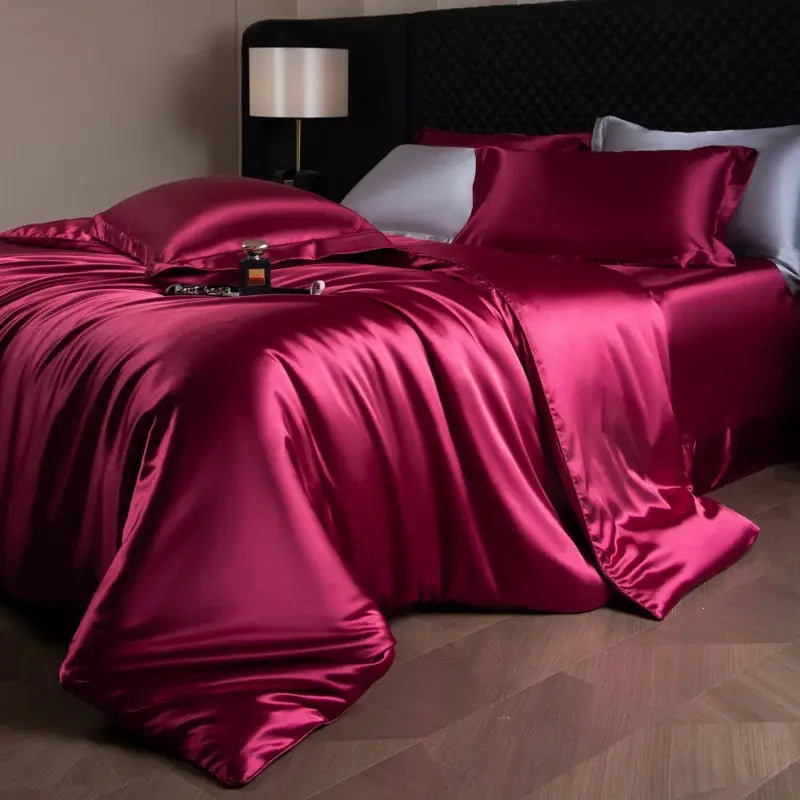 Silk satin bedding set in magenta with duvet cover and fitted/flat sheets, 2 magenta and 2 white pillowcases