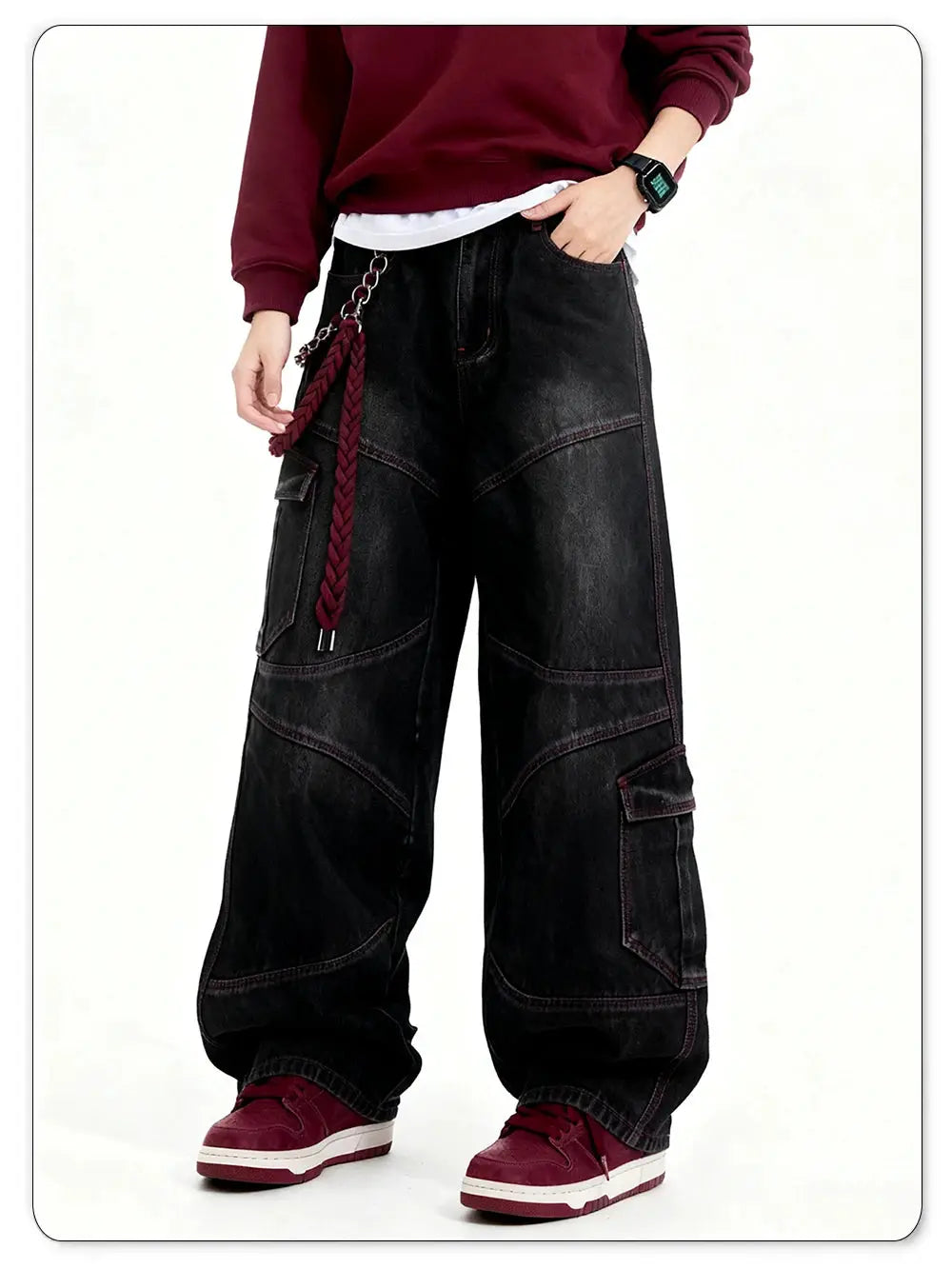 Men's Simples Market wide-leg denim cargo jeans, black with red stitching.