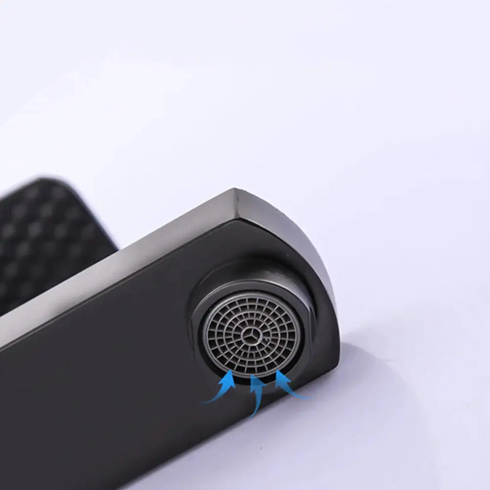 Black chrome deck-mounted bathroom faucet with round aerator