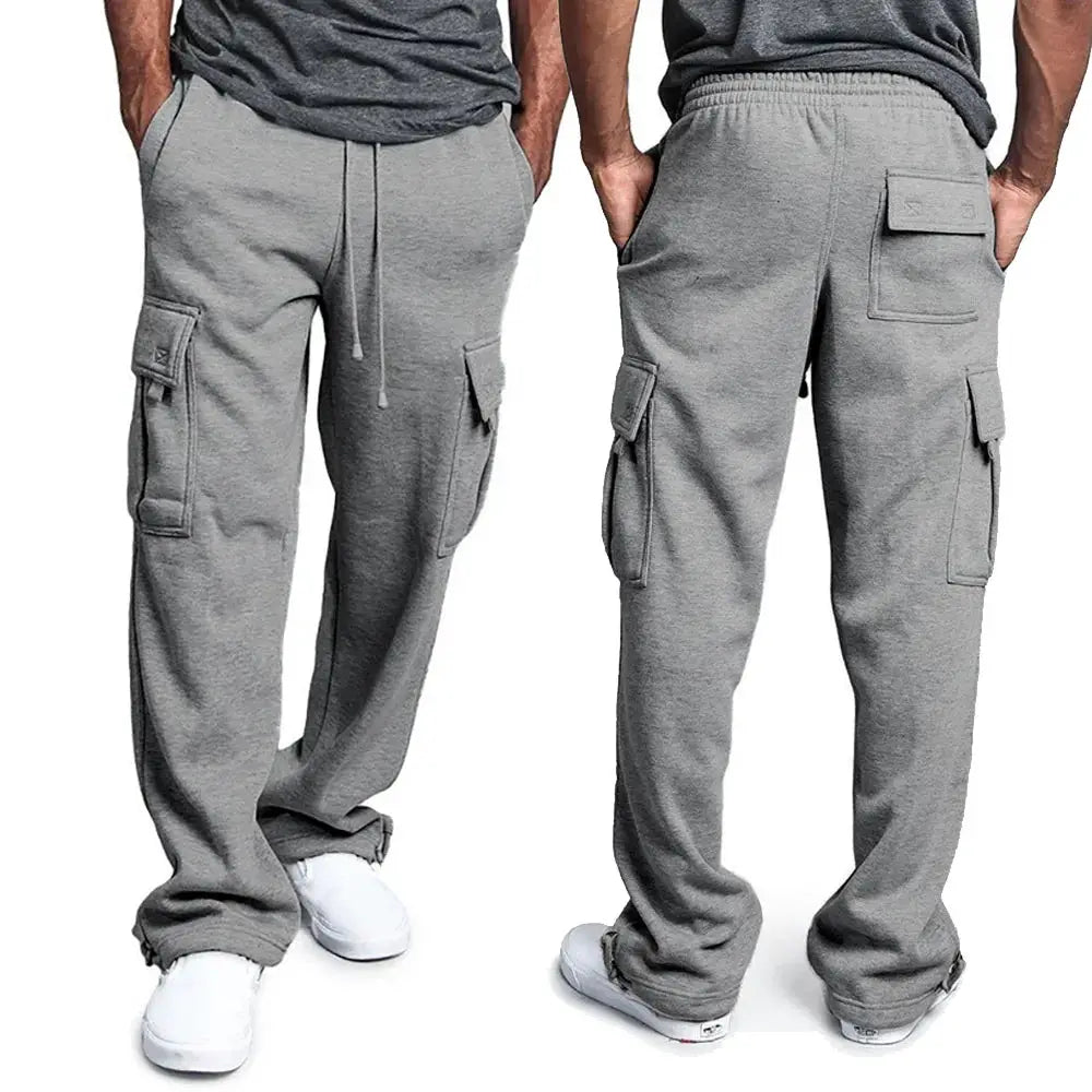 Mens gray cargo joggers by Simples Market; straight-fit with drawstring waist and multiple pockets, two pairs shown