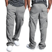 Mens gray cargo joggers by Simples Market; straight-fit with drawstring waist and multiple pockets, two pairs shown