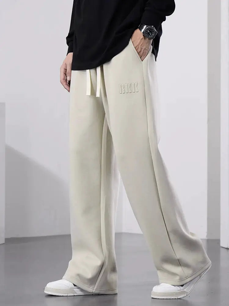Men's beige cotton sweatpants with drawstring, baggy wide-leg casual long trousers