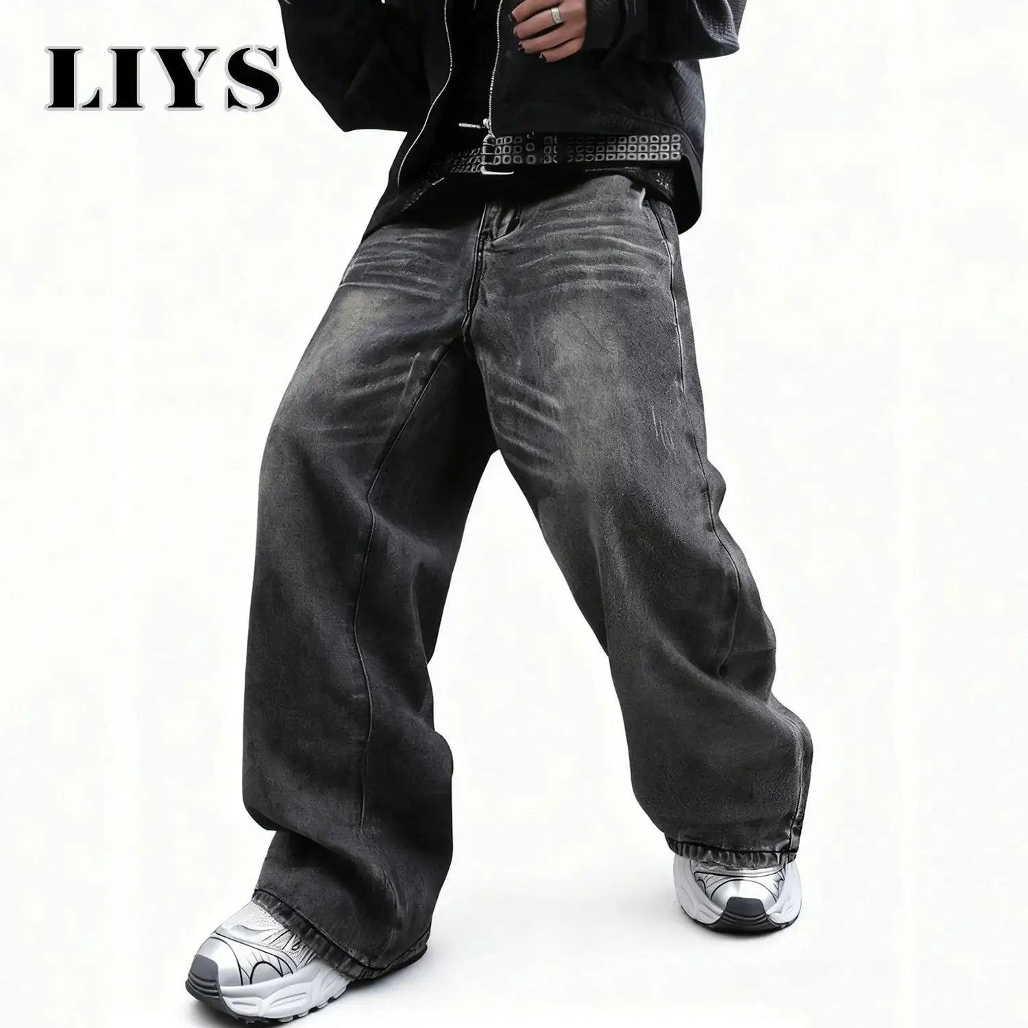 LIYS unisex gray ultra baggy wide-leg denim jeans with faded whisker detail.