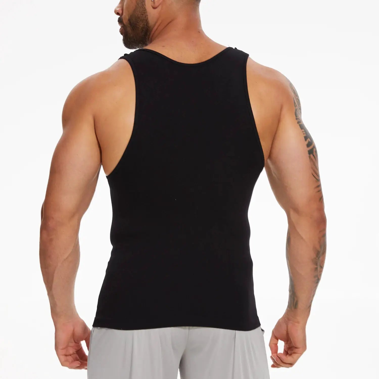 Men's black shapewear compression tank top, back view
