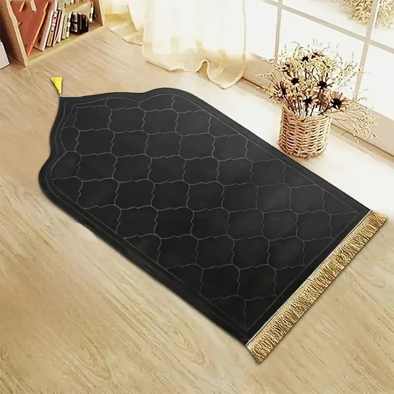 Thick black prayer rug with tassels and gold fringe, anti-slip soft flannel