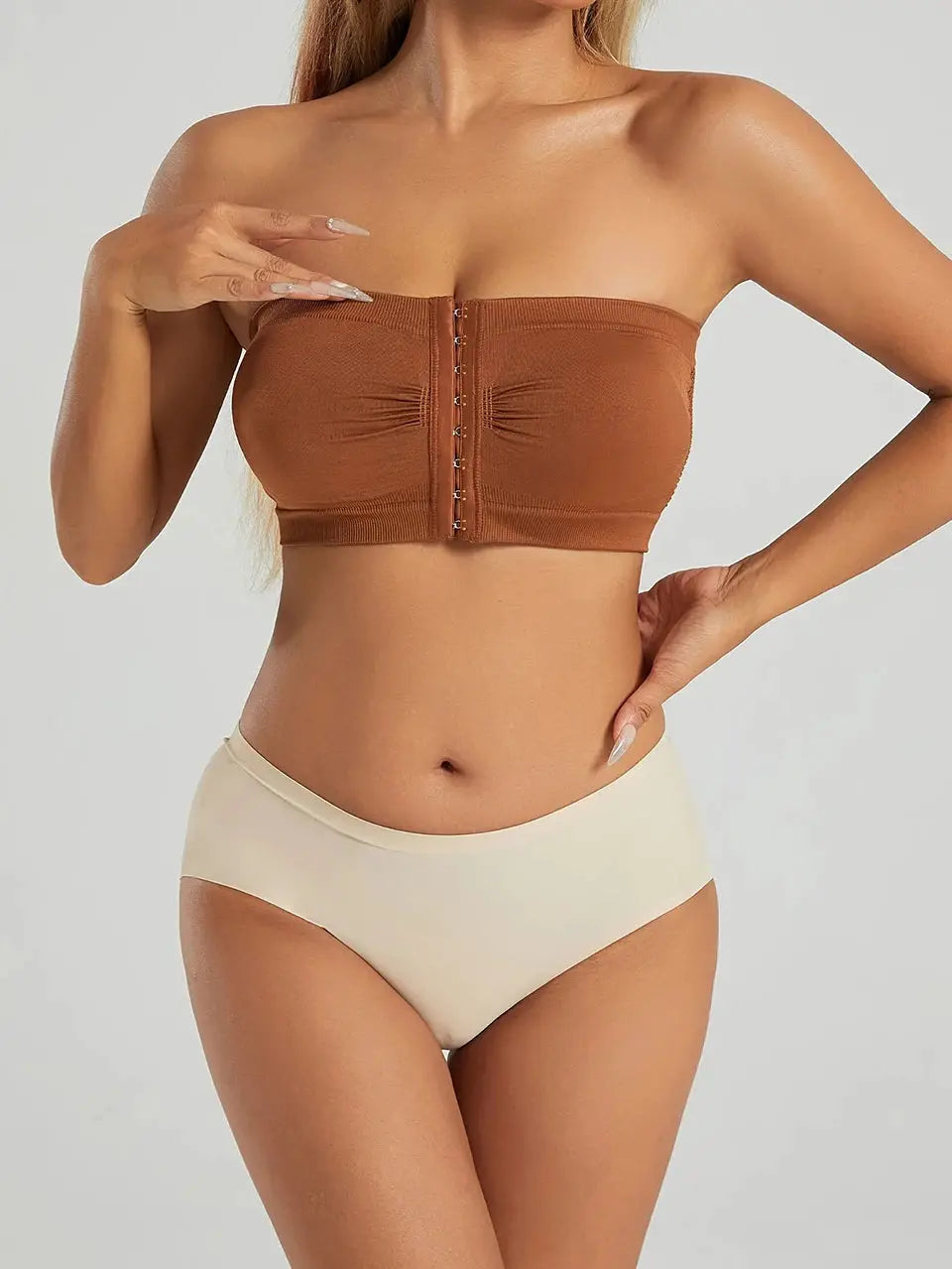 Women's plus-size strapless bandeau bra with front closure, seamless wireless design, brown.