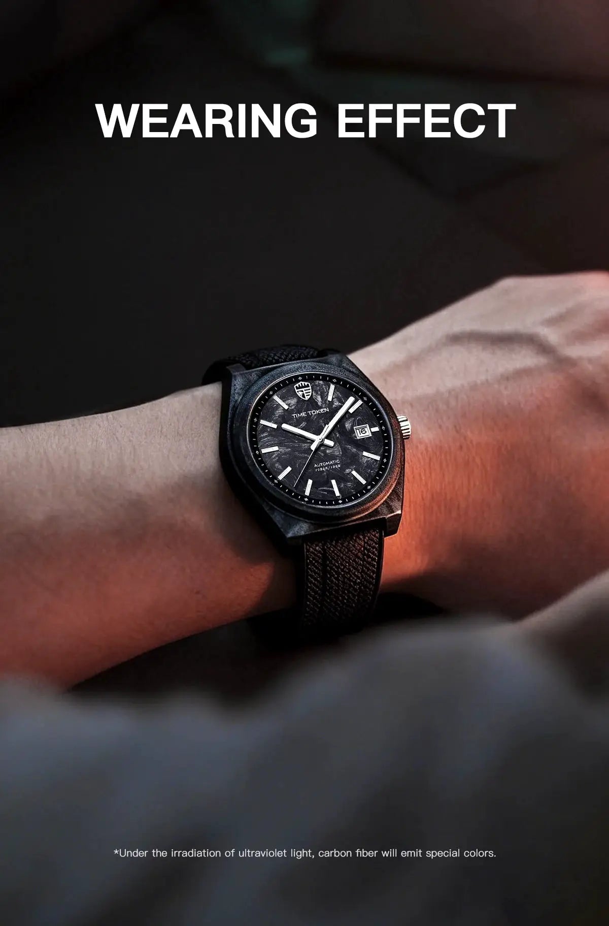 Carbon fibre luminous 40mm automatic watch on wrist with black dial and date window