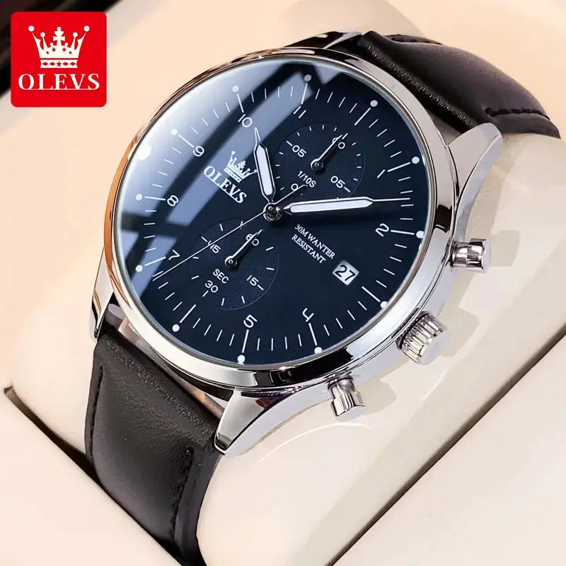 OLEVS men's wristwatch with black leather strap, blue dial, silver case, date window, 30M water resistant